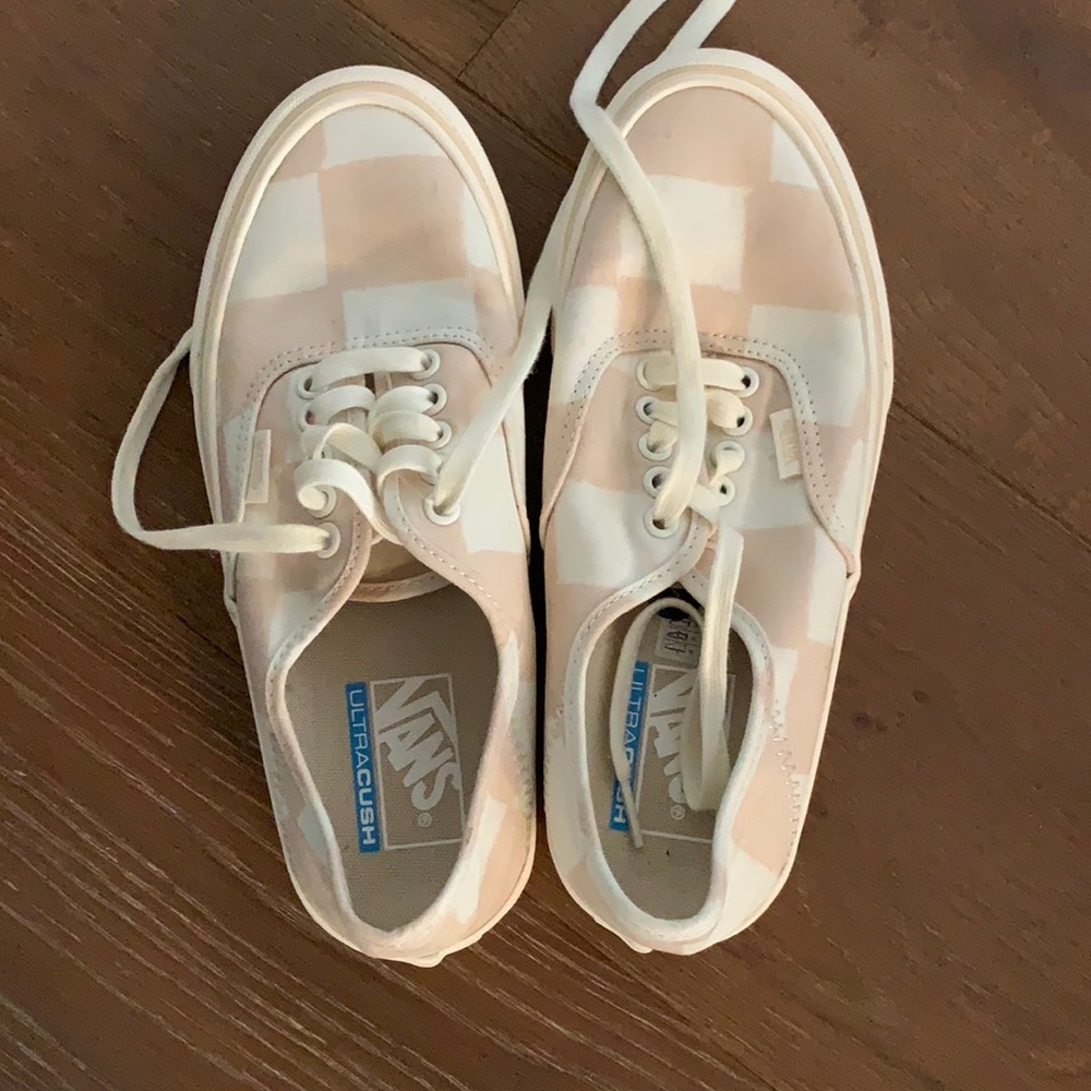 Peach and white checkered lace up Vans